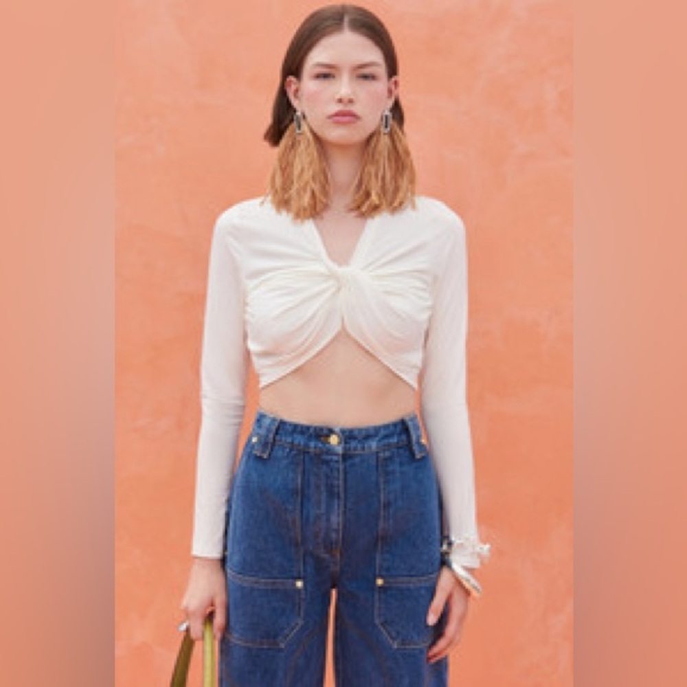 cult gaia Ivory Twist-Front Cropped Long Sleeve Top